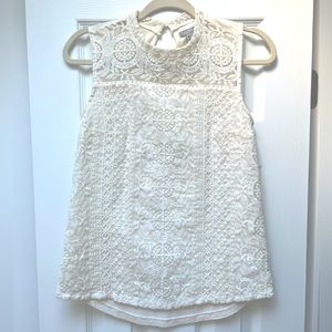 Lace Mockneck Sleeveless Blouse with Knit Stretch Back